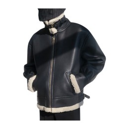 設計秋冬加厚皮絨外套   夾克男復古寬鬆  黑色羊羔毛皮機車皮衣  b 3 轟炸機   SKJ043   設計秋冬加厚皮絨外套   夾克男復古寬鬆  黑色羊羔毛皮機車皮衣  b 3 轟炸機   SKJ043